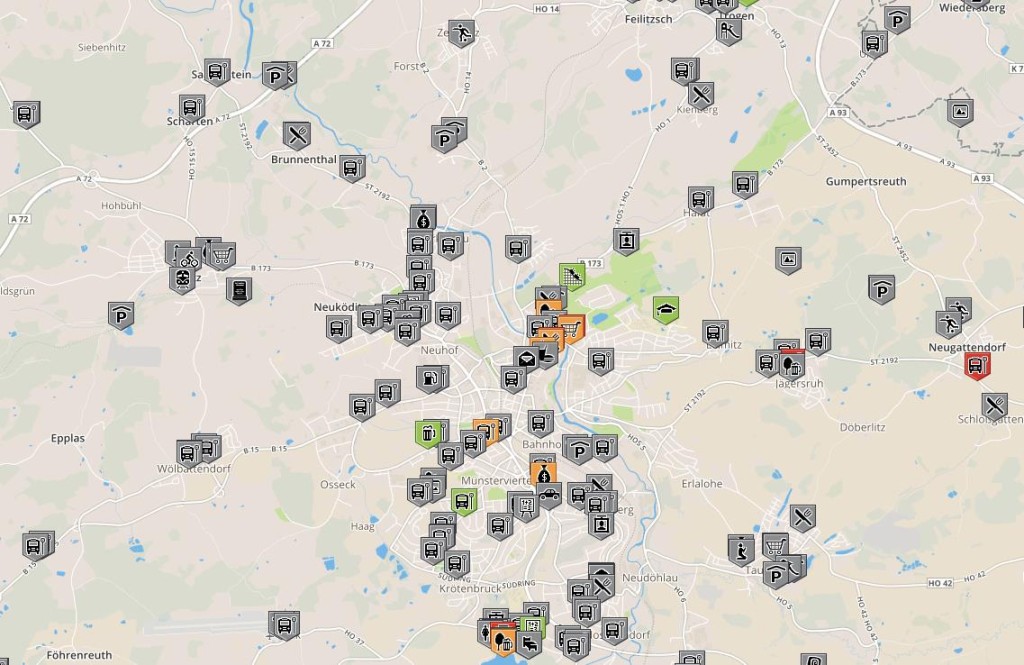 Landkarte zeigt Rollstuhlfahrern barrierefreie Orte in Hof an
